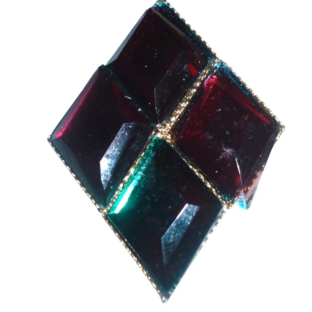 Vintage Geometric Diamond‎ Brooch Burgundy Green Glass Gold Tone Art Deco Style